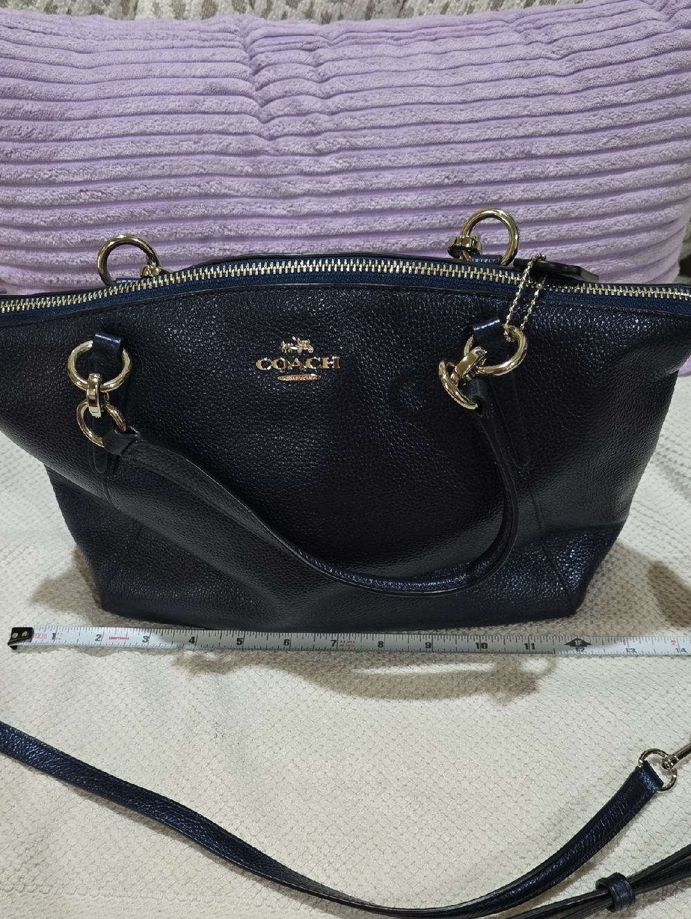 Coach Pebbled Leather Shoulder Satchel - Metallic Navy Blue - Picture 13 of 15